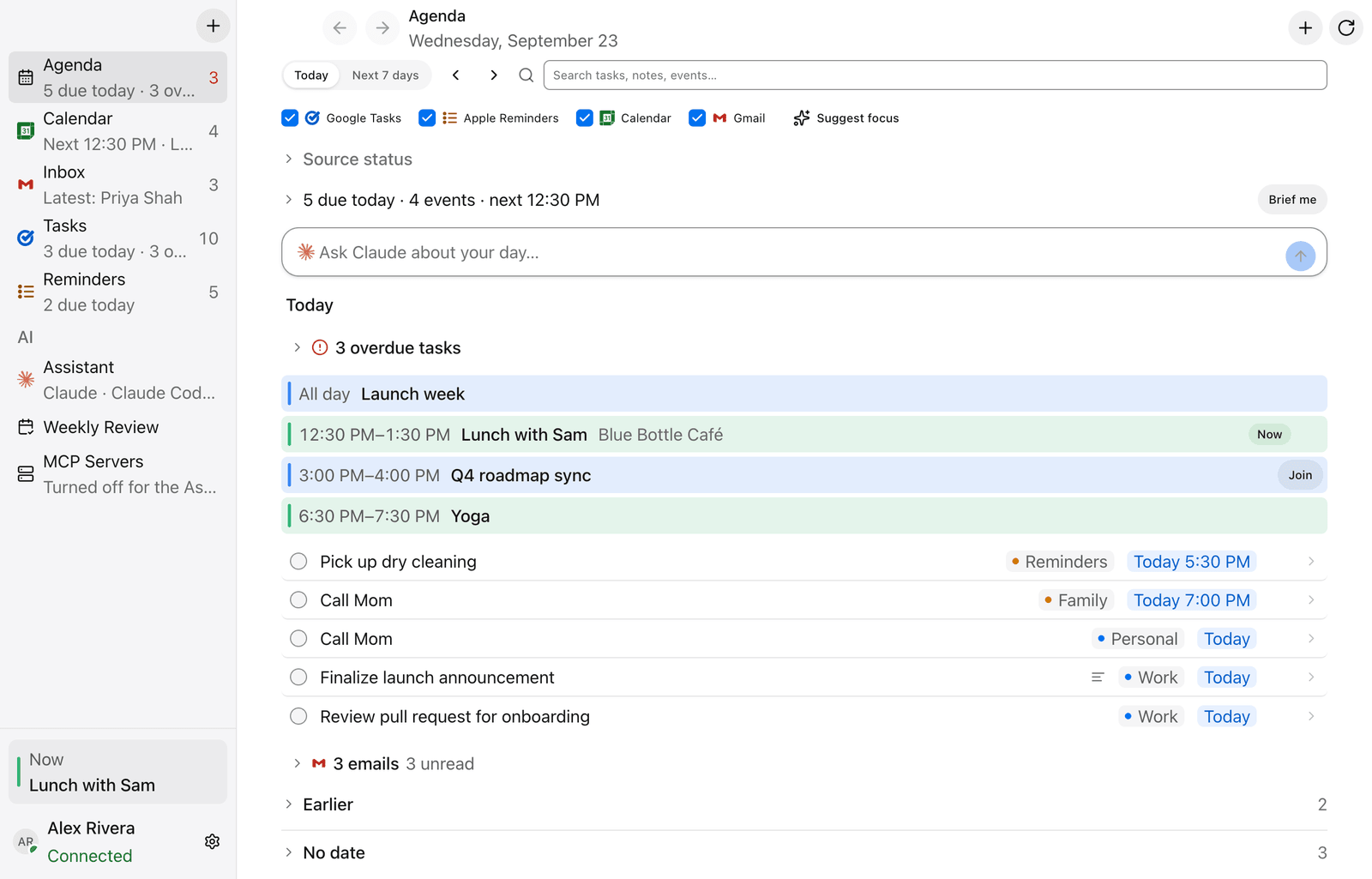 DayBoard's Agenda: today's calendar events, Google Tasks and Apple Reminders in one list, with unread Gmail below (fictional sample data)