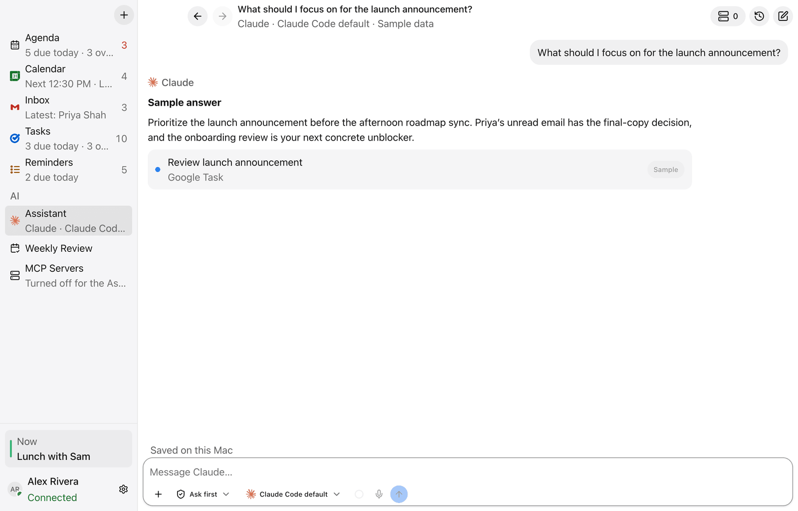 The Assistant answering what to focus on for a launch announcement (fictional sample answer)