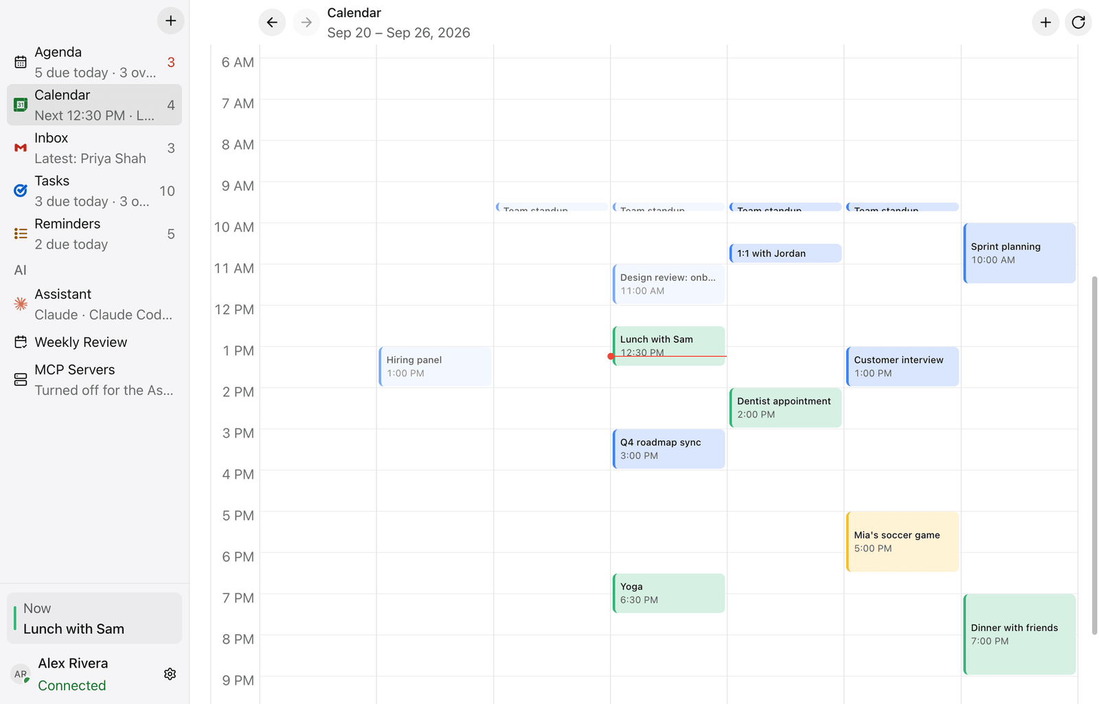 Calendar week view with timed events color-coded by calendar (fictional sample data)