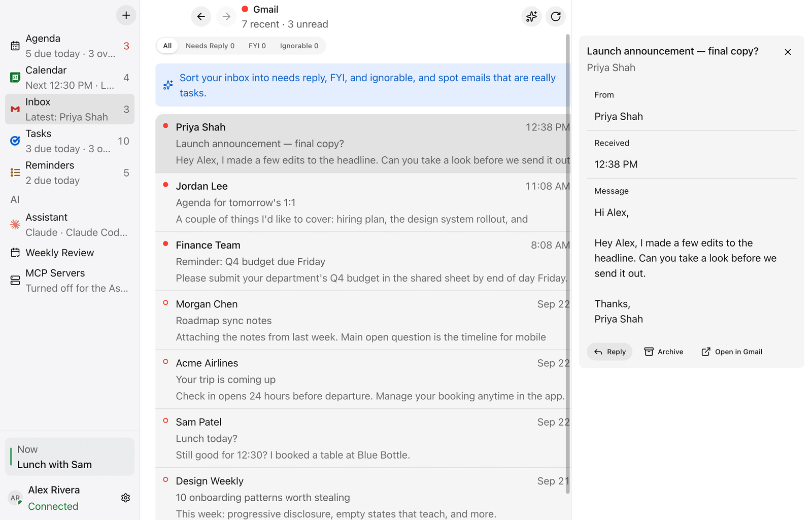 Inbox with a message open in the side panel (fictional sample data)