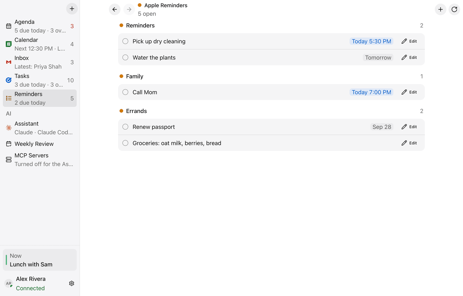 Apple Reminders grouped by list, with times and dates (fictional sample data)