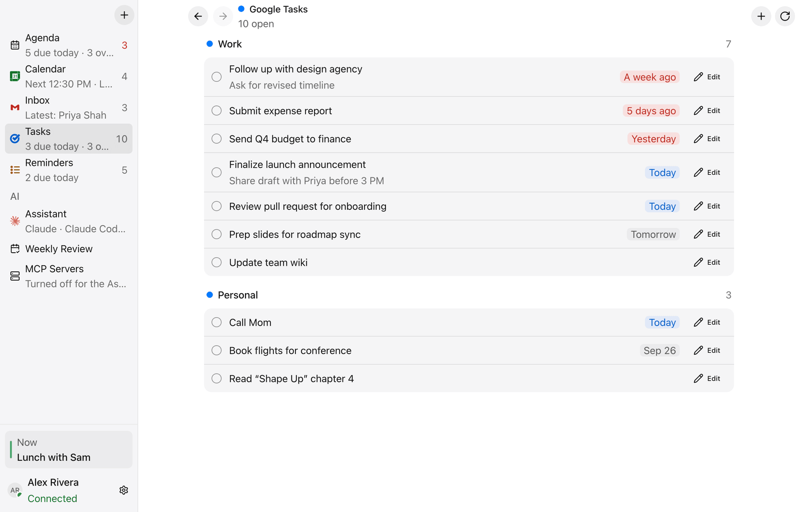 Google Tasks grouped into Work and Personal lists with due dates (fictional sample data)